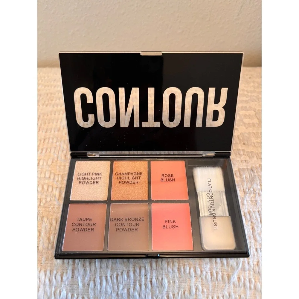 6-Pan Contour Highlight and‎ Blush Face Palette with Flat Contour Brush Black